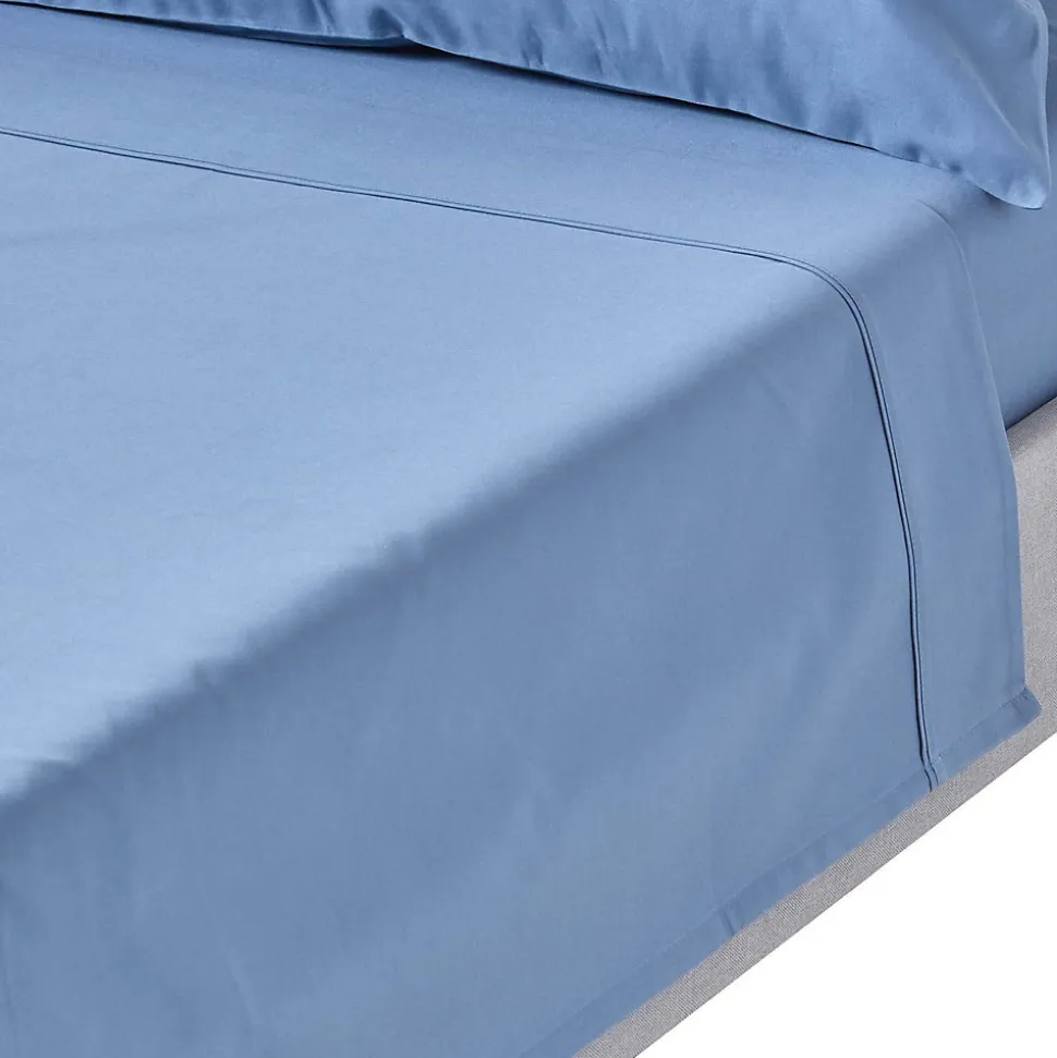 Drap plat en satin de coton égyptien 1000 fils bleu, 240x275 cm - HOMESCAPES