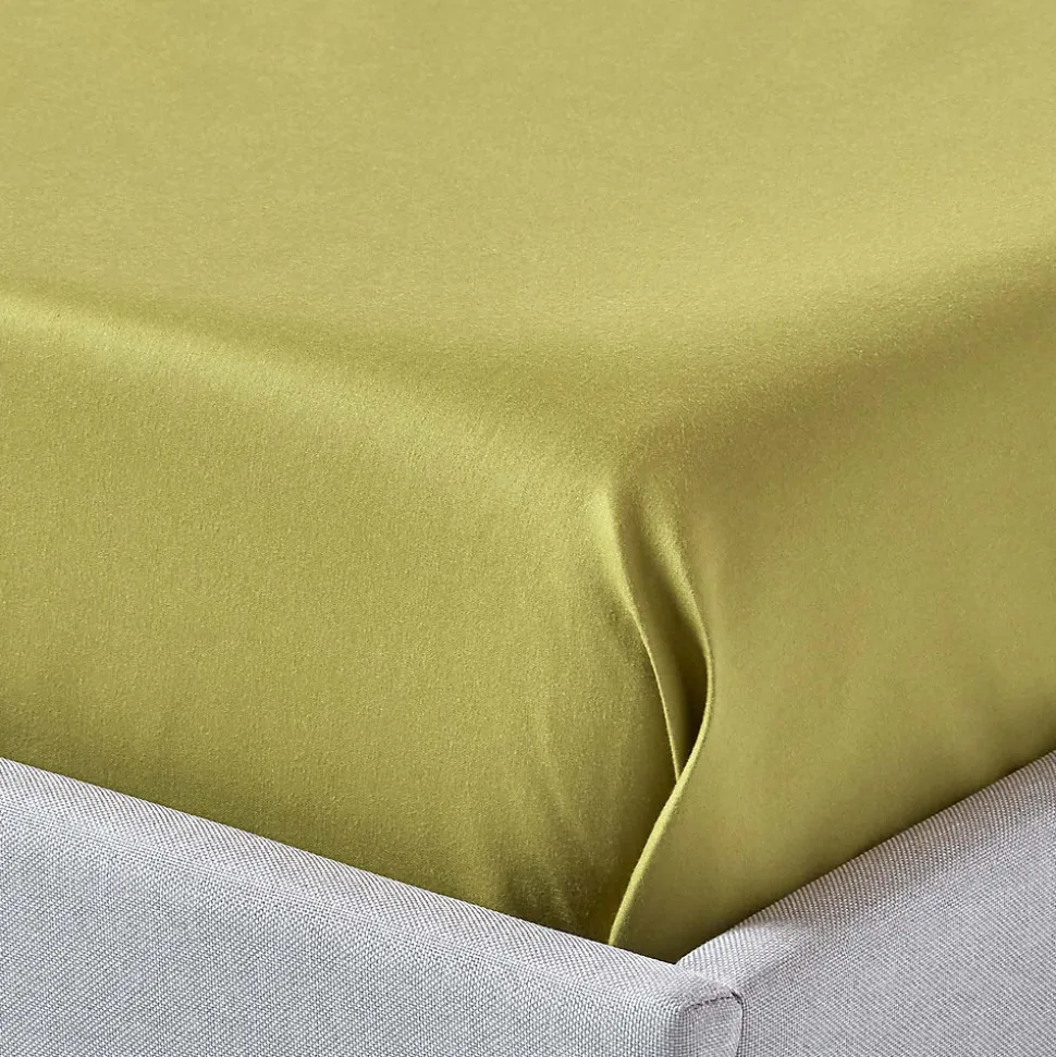 Drap plat en satin de coton égyptien 1000 fils vert olive, 178x255 cm - HOMESCAPES