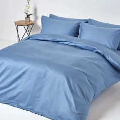 Drap plat en satin de coton égyptien 1000 fils bleu, 240x300 cm - HOMESCAPES