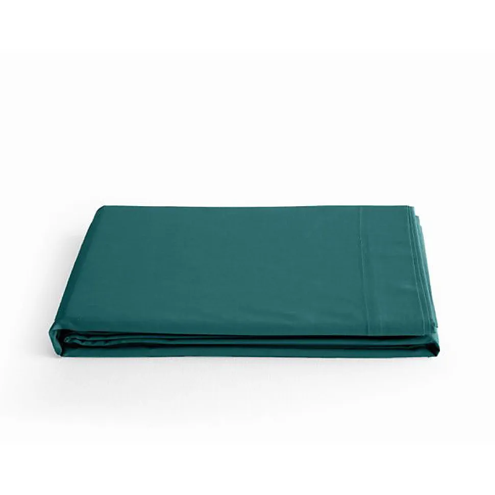 Drap plat percale pur coton peigné longues fibres 80 fils/cm² Vent du sud - Bleu canard - 180 x 290 cm pour lit 1 place