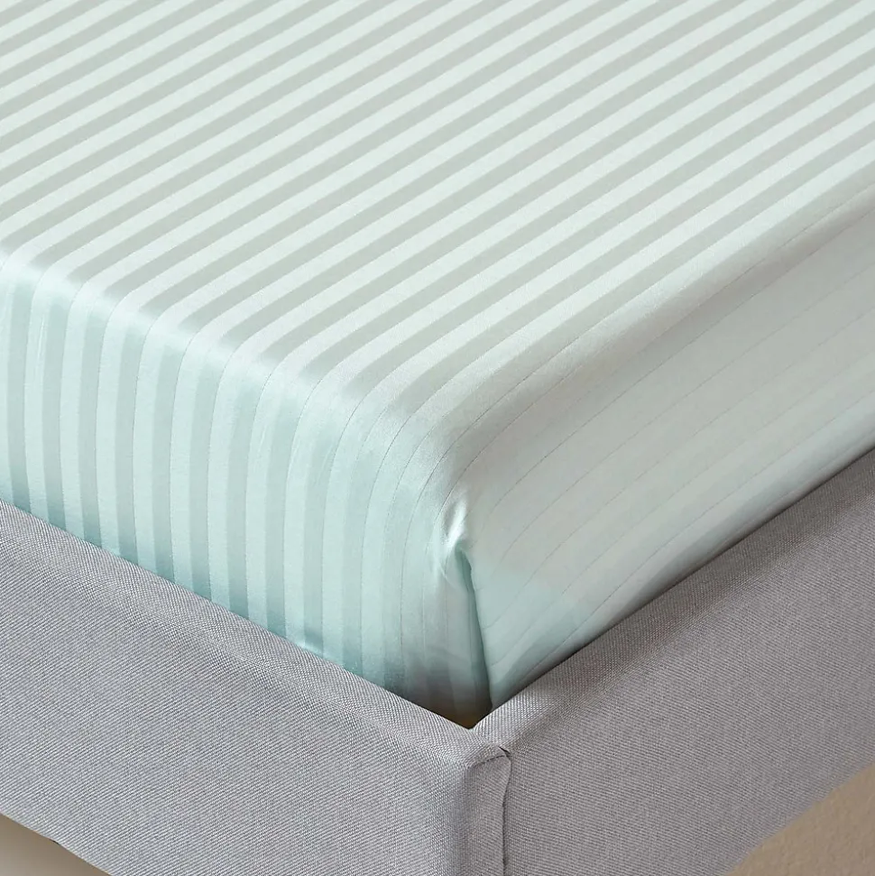 Drap plat satin rayé en coton égyptien 330 fils bleu, 230x255 cm - HOMESCAPES