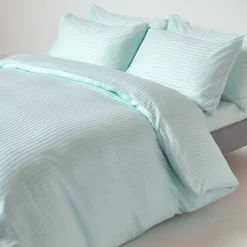 Drap plat satin rayé en coton égyptien 330 fils bleu, 178x255 cm - HOMESCAPES