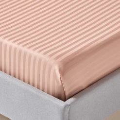 Drap plat satin rayé en coton égyptien 330 fils taupe, 230x255 cm - HOMESCAPES