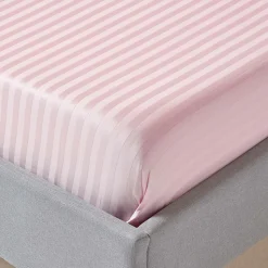 Drap plat satin rayé en coton égyptien 330 fils rose, 270x300 cm - HOMESCAPES