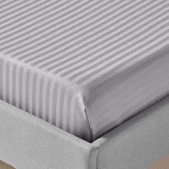 Drap plat satin rayé en coton égyptien 330 fils gris, 275x275 cm - HOMESCAPES