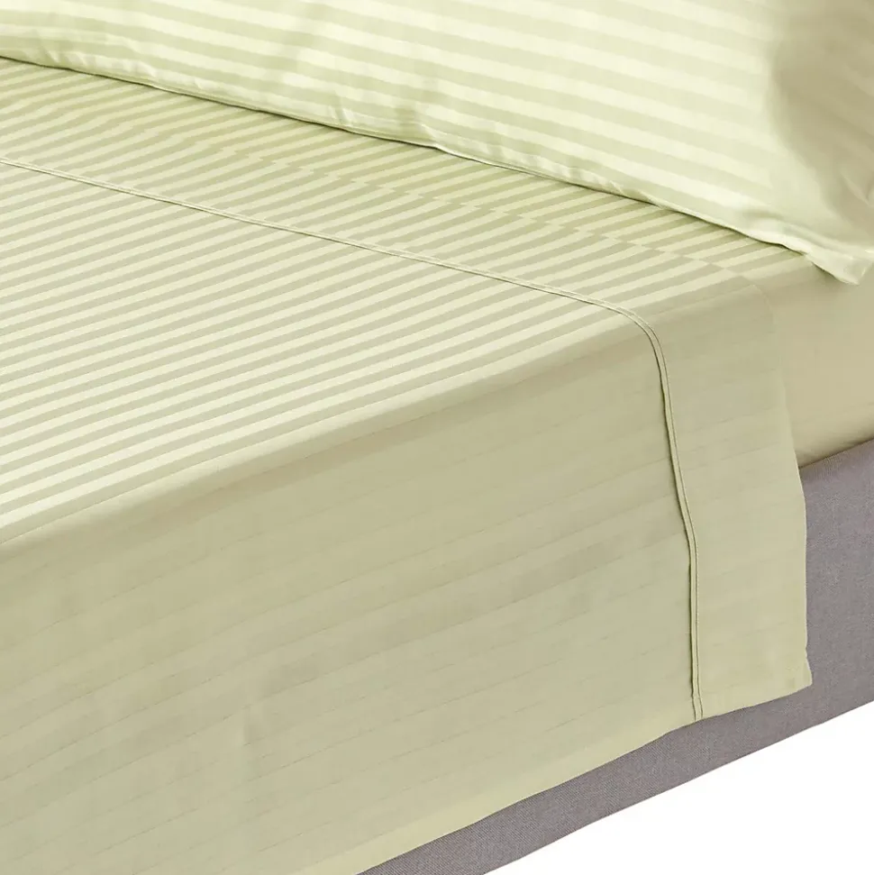 Drap plat satin rayé en coton égyptien 330 fils vert sauge, 230x255 cm - HOMESCAPES