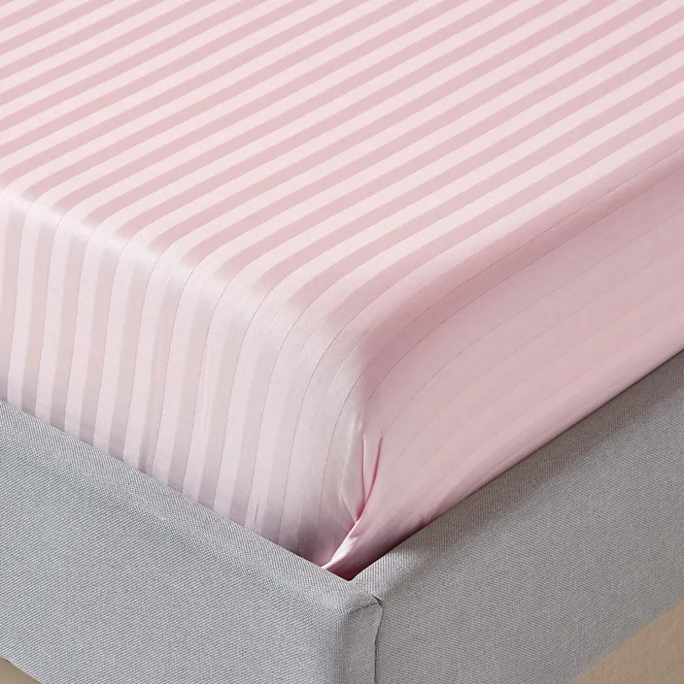 Drap plat satin rayé en coton égyptien 330 fils rose, 230x255 cm - HOMESCAPES