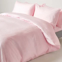 Drap plat satin rayé en coton égyptien 330 fils rose, 180x290 cm - HOMESCAPES