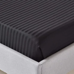 Drap plat satin rayé en coton égyptien 330 fils noir, 240x275 cm - HOMESCAPES