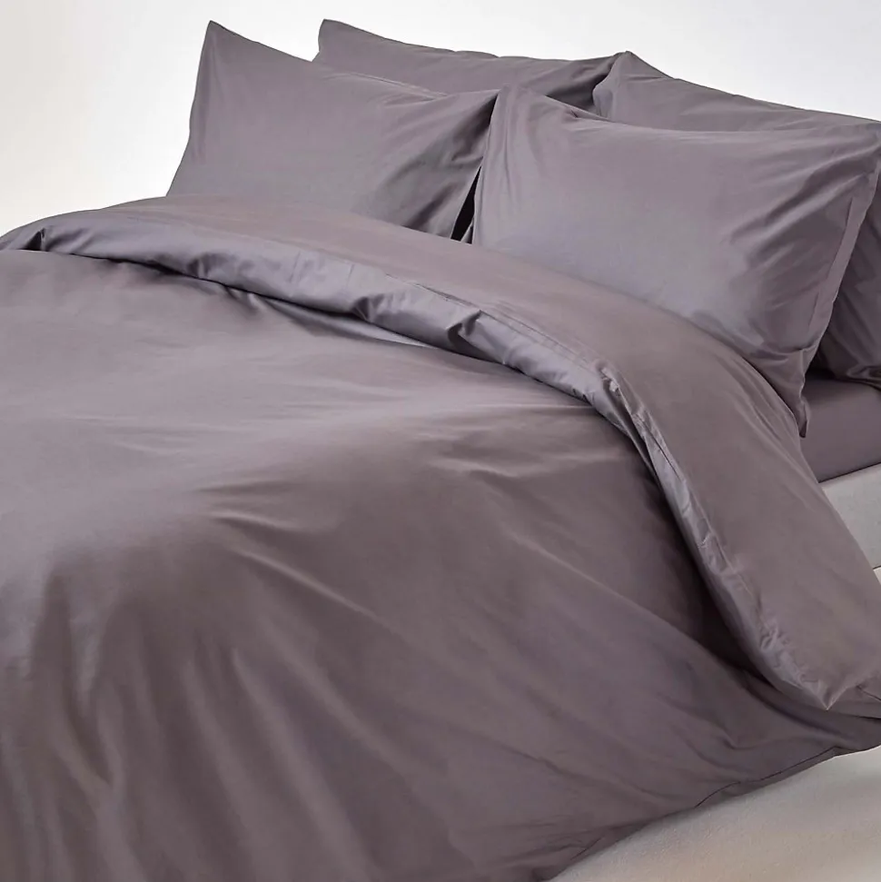 Drap plat uni 100 % coton égyptien 200 fils gris foncé, 240x300 cm - HOMESCAPES