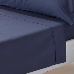 Drap plat uni 100 % coton égyptien 200 fils bleu marine, 180x290 cm - HOMESCAPES