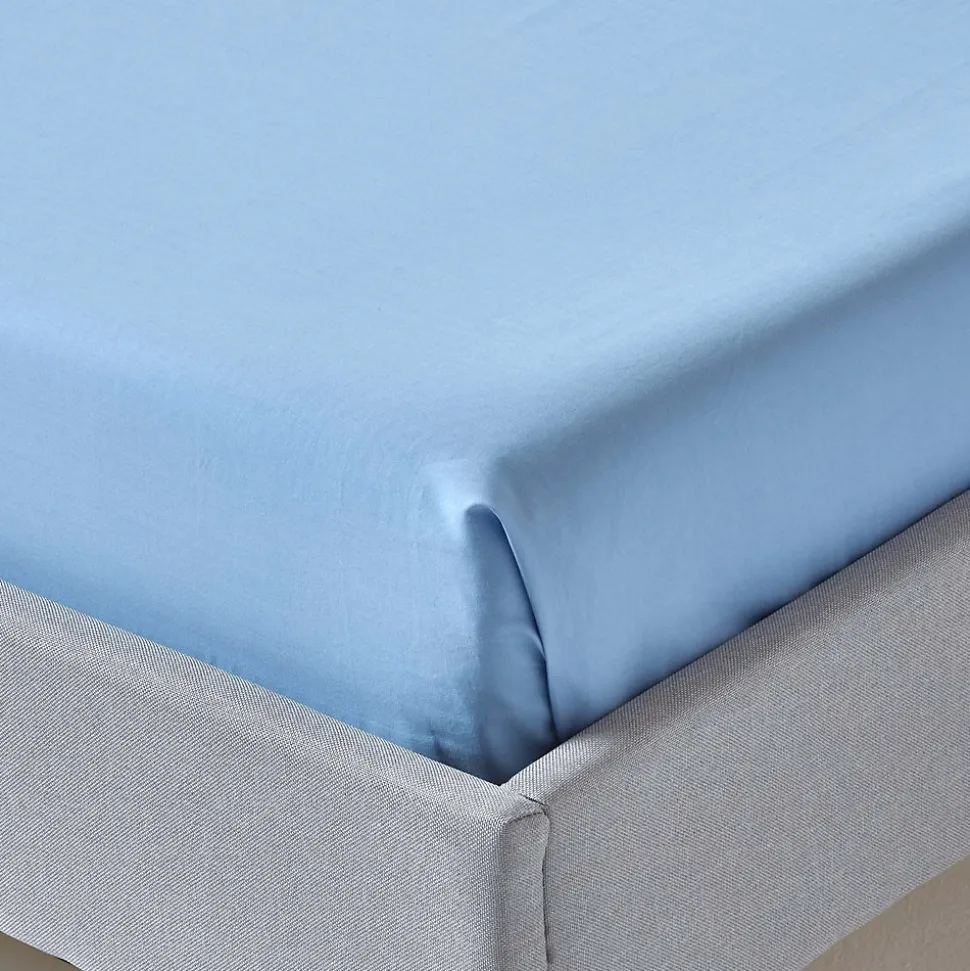 Drap plat uni 100 % coton égyptien 200 fils bleu, 230x255 cm - HOMESCAPES