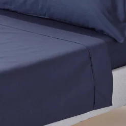 Drap plat uni 100 % coton égyptien 200 fils bleu marine, 270x300 cm - HOMESCAPES