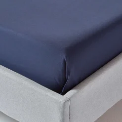 Drap plat uni 100 % coton égyptien 200 fils bleu marine, 270x300 cm - HOMESCAPES