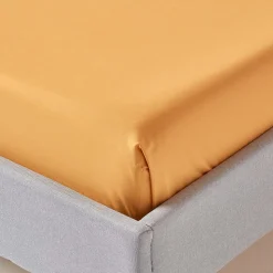 Drap plat uni 100 % coton égyptien 200 fils jaune moutarde, 180x290 cm - HOMESCAPES