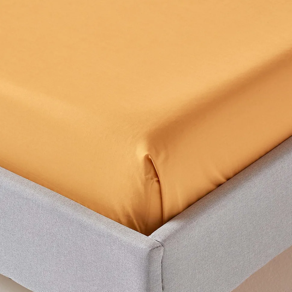 Drap plat uni 100 % coton égyptien 200 fils jaune moutarde, 180x290 cm - HOMESCAPES