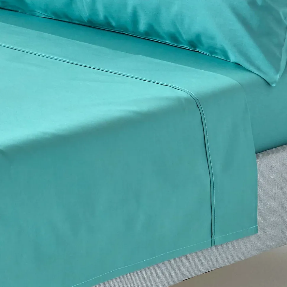 Drap plat uni 100 % coton égyptien 200 fils bleu canard, 180x290 cm - HOMESCAPES