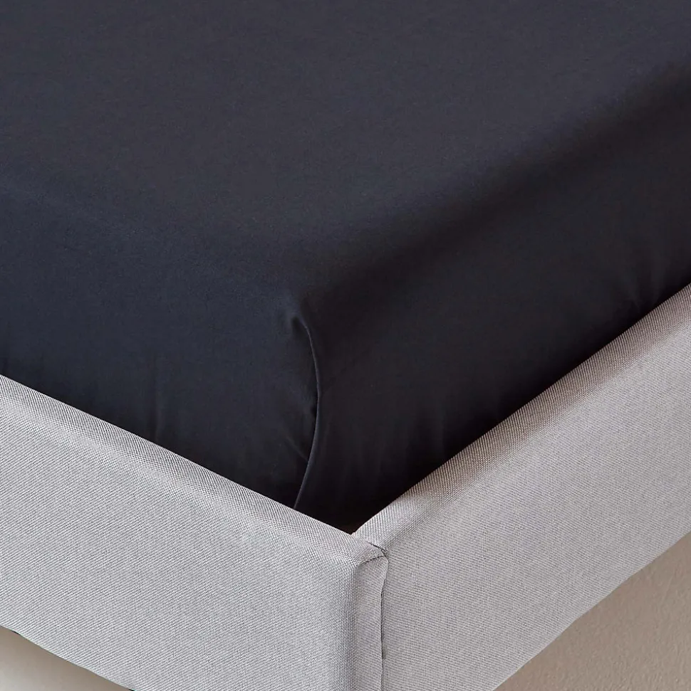 Drap plat uni 100 % coton égyptien 200 fils noir, 230x255 cm - HOMESCAPES