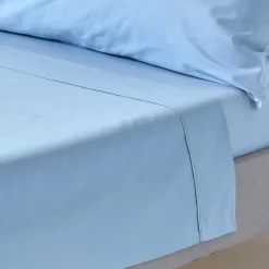 Drap plat uni 100 % coton égyptien 200 fils bleu, 270x300 cm - HOMESCAPES