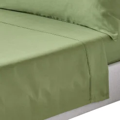 Drap plat uni en coton égyptien bio 400 fils vert mousse, 180x290 cm - HOMESCAPES