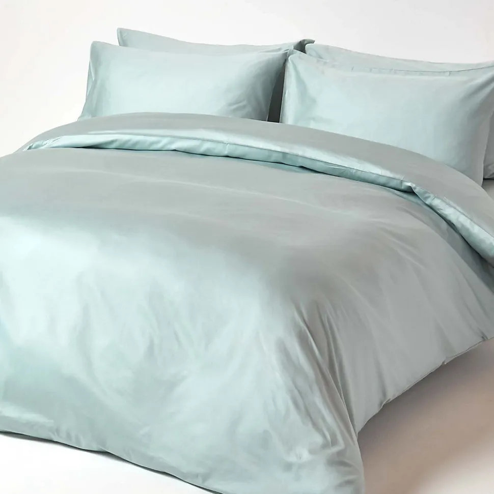 Drap plat uni en coton égyptien bio 400 fils bleu givré, 240x300 cm - HOMESCAPES