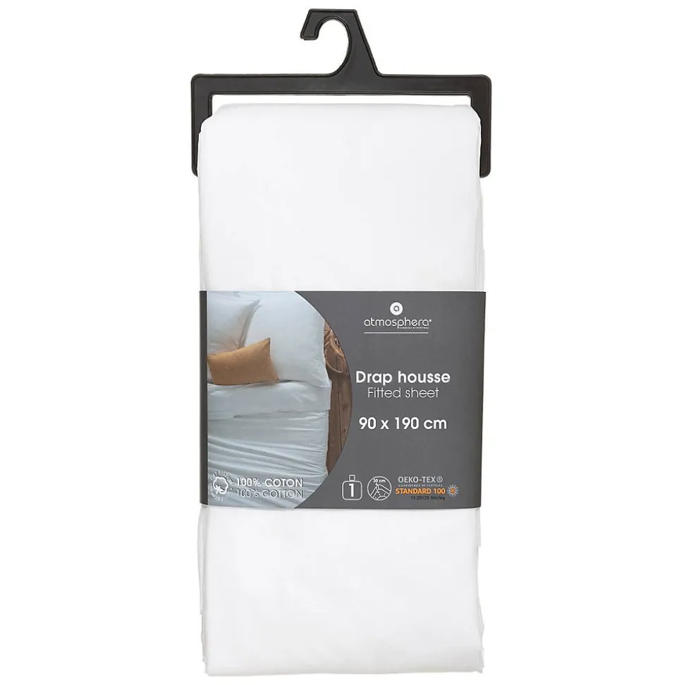 Drap-housse en coton - blanc - bonnet H30cm - 90x190 cm - Atmosphera