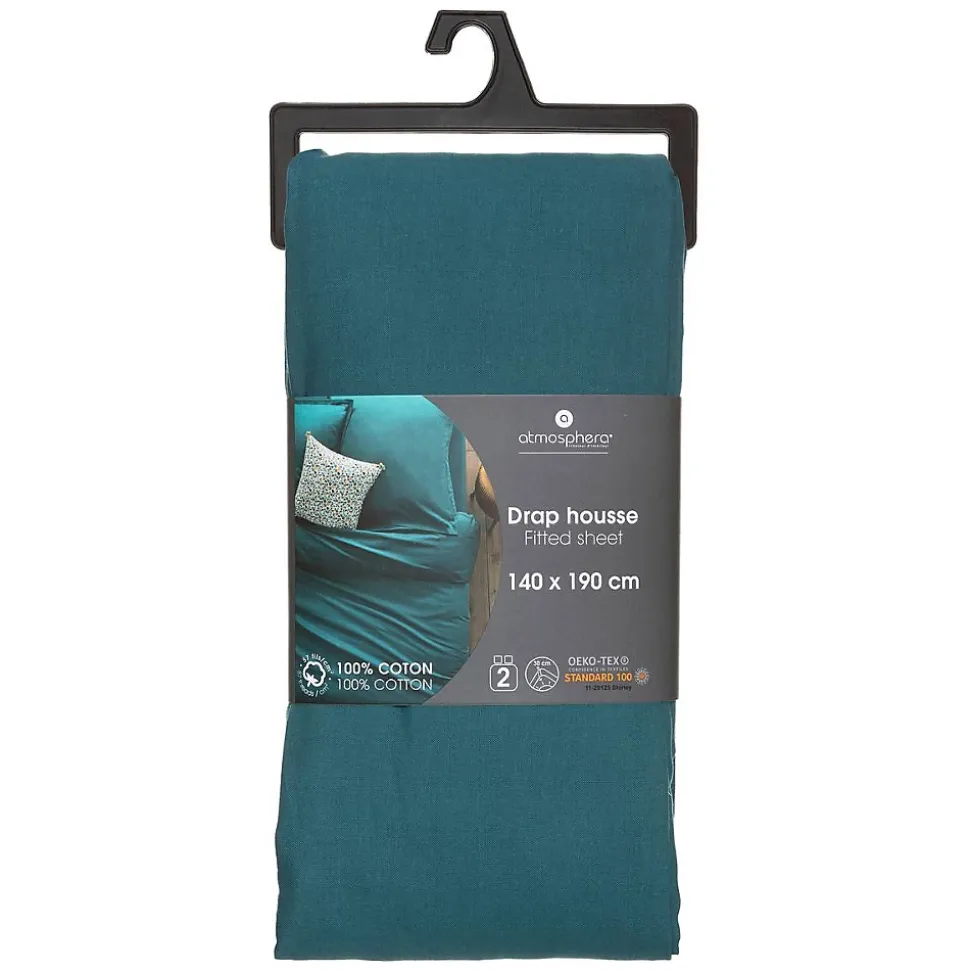 Drap-housse en coton - bleu canard - bonnet H30cm - 140x190 cm - Atmosphera