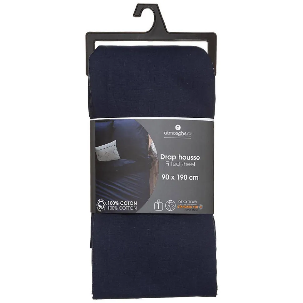 Drap-housse en coton - bleu encre - bonnet H30cm - 90x190 cm - Atmosphera