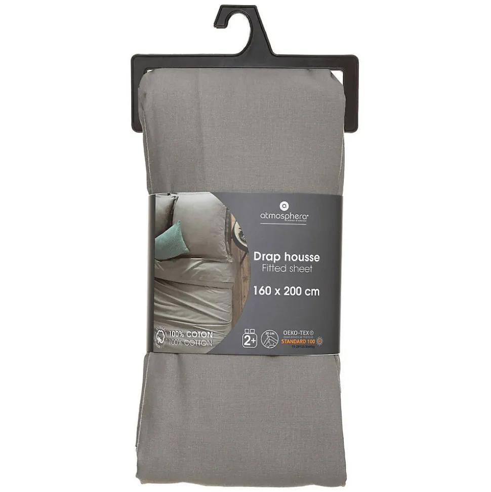 Drap-housse en coton - gris - bonnet H30cm - 160x200 cm - Atmosphera