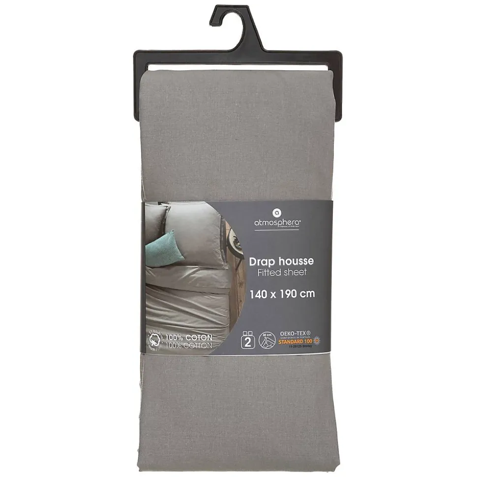 Drap-housse en coton - gris - bonnet H30cm - 140x190 cm - Atmosphera