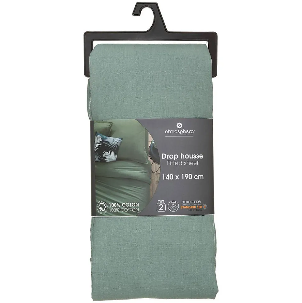 Drap-housse en coton - vert céladon - bonnet H30cm - 140x190 cm - Atmosphera