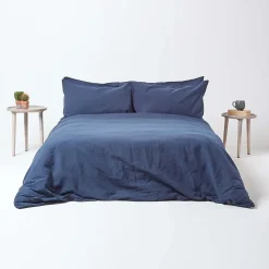 Drap-housse grand bonnet en lin lavé bleu marine - 140 x 190 cm - HOMESCAPES