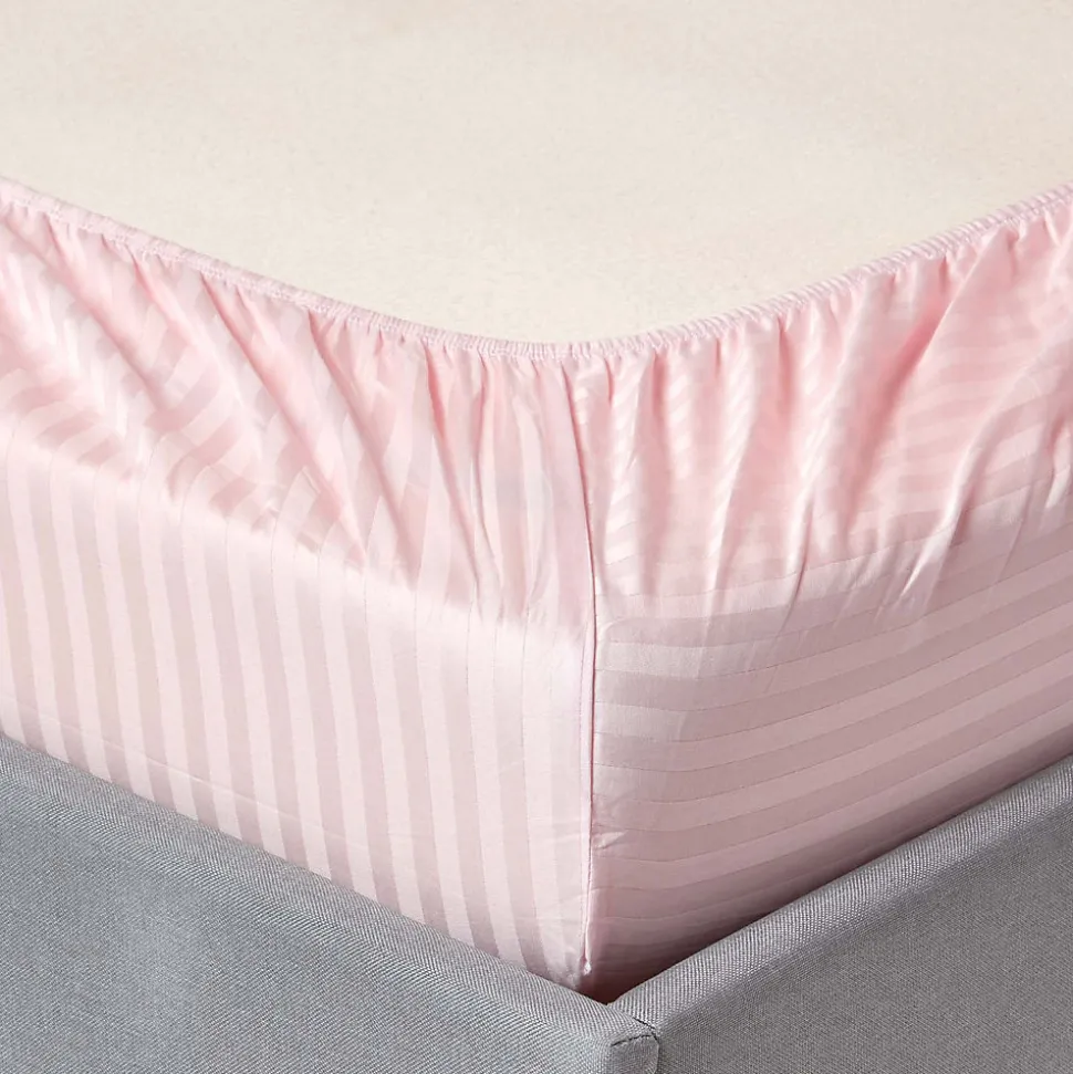 Drap-housse rayé 140 x 200 cm 100% coton égyptien 330 fils coloris rose - HOMESCAPES