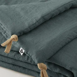 Édredon 90 x 200 cm lin lavé bleu avec 4 nouettes en jute - LUISA