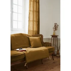 Édredon 90 x 200 cm lin lavé caramel avec 4 nouettes en jute - LUISA