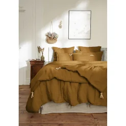 Édredon 150 x 150 cm lin lavé caramel avec 4 nouettes en jute - LUISA
