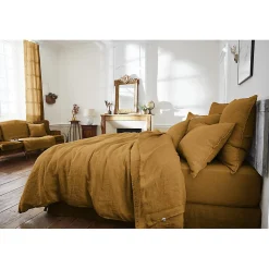 Édredon 150 x 150 cm lin lavé caramel avec 4 nouettes en jute - LUISA