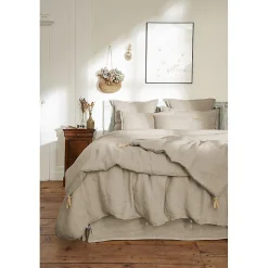 Édredon 150 x 150 cm lin lavé sable avec 4 nouettes en jute - LUISA