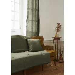 Édredon 150 x 150 cm lin lavé vert avec 4 nouettes en jute - LUISA