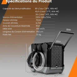 Déshumidificateur 85 L jour Déshumidificateur Mobile avec Dégivrage Automatique Minuterie 24H Tuyau de drainage Pompe Noir
