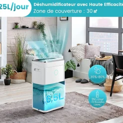 Déshumidificateur 25 L Jour Déshumidificateur électrique Minuterie 24H 2 Vitesses de Ventilation 2 Modes
