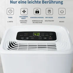 Déshumidificateur 12 L/jour pour 15 m², 3 en 1, Purificateur d'air et Sèche-linge, Réservoir 1,5 L, Timer 24 h, Écran LED