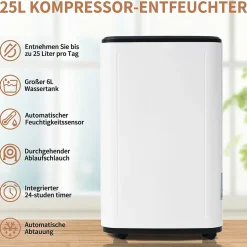 Déshumidificateur 25 L/jour pour 26 m², 3-en-1, séchage du linge, réservoir 6 L, minuterie 24 h, écran LED