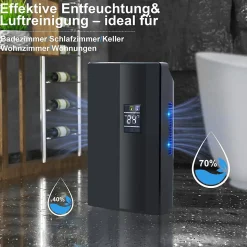 Déshumidificateur 2000 ml avec télécommande, minuterie 24 h, nettoyage UV et mode veille (noir)