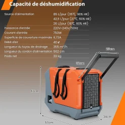 Déshumidificateur air 85 L jour Déshumidificateur Mobile avec Dégivrage Automatique Minuterie 24H Tuyau de drainage Pompe