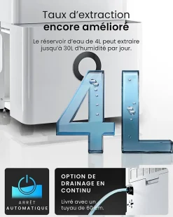 Déshumidificateur Compresseur Connecté 30L/jour avec Application Smartphone, Wi-Fi, Drainage continu