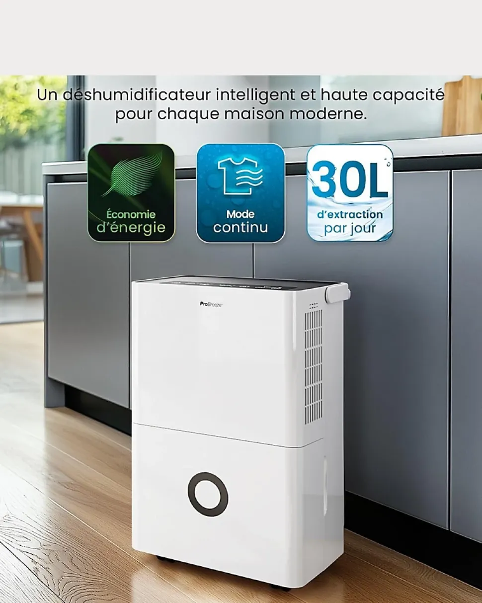 Déshumidificateur Compresseur Connecté 30L/jour avec Application Smartphone, Wi-Fi, Drainage continu