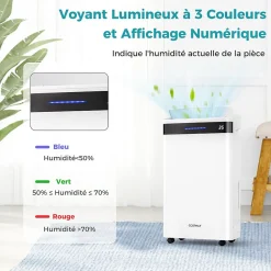 Déshumidificateur d'air 28,5L/Jour, 4 Modes, Réservoir d'Eau 5,5L, Minuterie 0-24H, avec Roues pour Chambre, Salon 35m²
