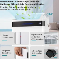 Déshumidificateur d'air 28,5L/Jour, 4 Modes, Réservoir d'Eau 5,5L, Minuterie 0-24H, avec Roues pour Chambre, Salon 35m²
