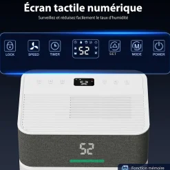 Déshumidificateur d'air 20L/jour mobile silencieux réservoir 4,5L timer 24H écran LED témoin d'humidité filtre lavable